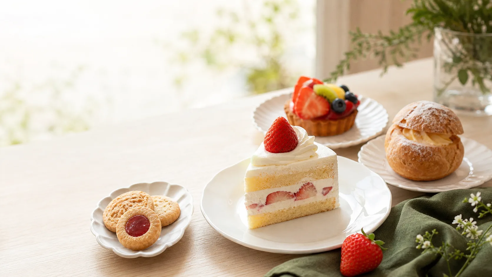 苺のショートケーキなどが並ぶ菓子工房こもれびの洋菓子